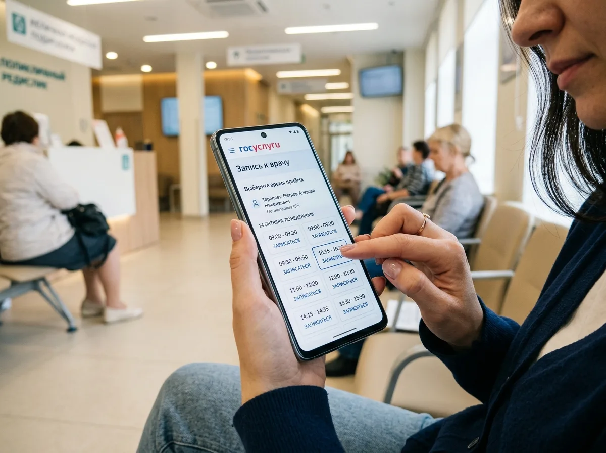 Пациент записывается к врачу через приложение Госуслуги на смартфоне, экран показывает выбор времени приёма